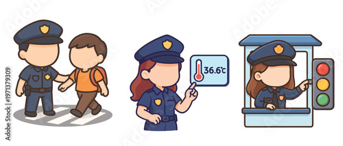 Police officers assisting pedestrians and controlling traffic