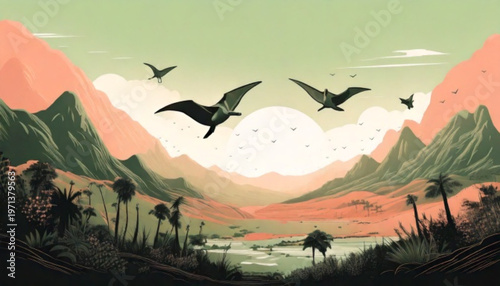 Pixel art prehistoric landscape with flying dinosaurs.