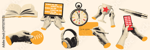 Halftone pop art dot book laptop typing hand clock headphone mug pen writing note paper office work elements vector illustration