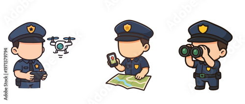 Police officers using drone smartphone map and binoculars