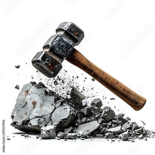 Dynamic action shot of hammer breaking concrete with flying fragments high resolution photo