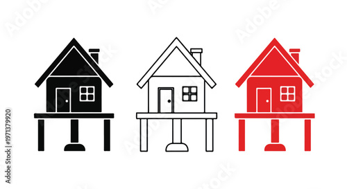 Three stylized houses on stilts shown in black, white, and red outlines for design concepts