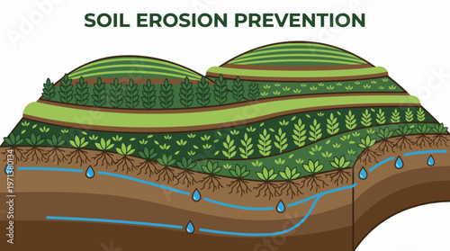 Soil Erosion Prevention: Illustrative depiction of diverse methods utilized to prevent and mitigate the impacts of soil erosion, illustrating responsible environmental stewardship.