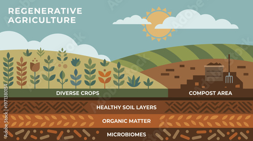 Regenerative Agriculture: A vibrant graphic illustrating regenerative agriculture's core components: diverse crops, healthy soil, and thriving ecosystems.