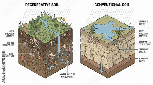 Soil Regeneration: Illustrative diagram reveals the stark contrast between regenerative and conventional soil.