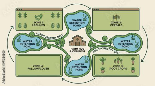 Sustainable Farming Plan: An illustrative diagram of a sustainable farming plan. Showcasing an eco-friendly arrangement encompassing zones for legumes, cereals, root crops, and fallow/cover.