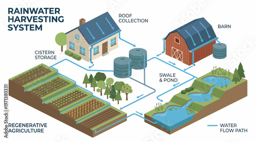 Rainwater Harvesting System: An educational illustration showcases a comprehensive rainwater harvesting system, demonstrating efficient water collection, storage, and utilization for various purposes.