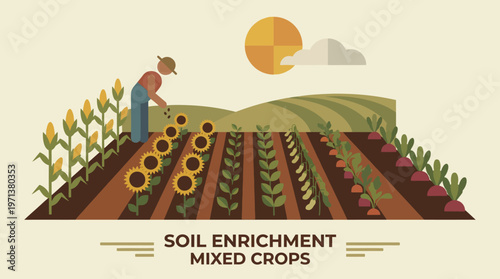 Cultivating Harmony: A farmer in a vibrant field, tending to a diverse array of crops, symbolizing the beauty of nature and agricultural growth.