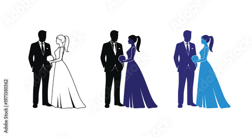 Elegant wedding couple silhouettes in formal attire, bride in a flowing gown and groom in a tuxedo, presented in three