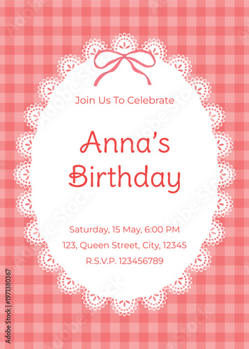 Birthday party invitation template. Lace frame with bow on pink gingham pattern background.