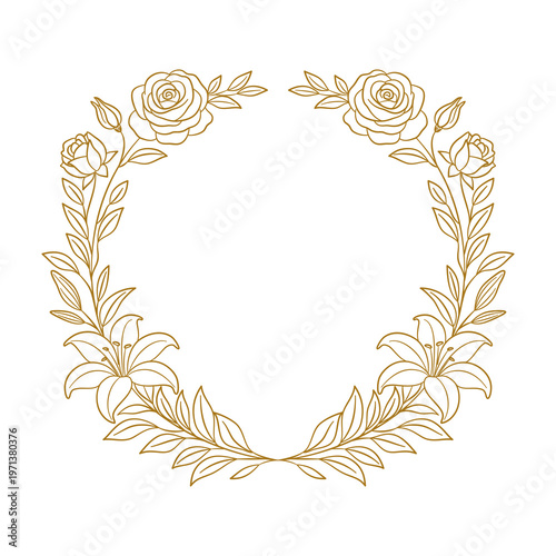 Elegancki złoty wianek z różami, liliami i pąkami. Okrągła ramka dekoracyjna na zaproszenia ślubne, komunijne, kartki okolicznościowe, kondolencyjne oraz projekty dekoracyjne i logotypy.