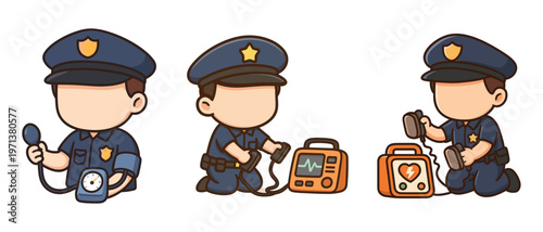 Police officers checking blood pressure and using defibrillators