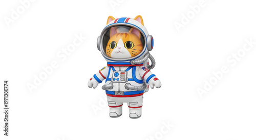 Cute cartoon orange tabby cat astronaut wearing a detailed white space suit and helmet transparent background