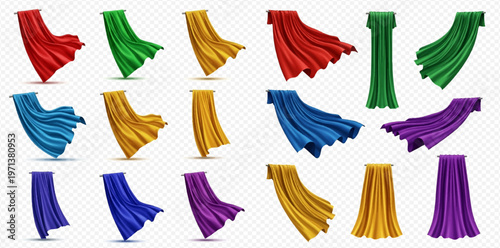 Set of colorful flying capes and fabrics isolated on transparent background, realistic vector illustration of superhero cloaks in motion.