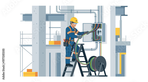 Electrician Installing Wires in Electrical Panel on Construction Site Flat Vector Illustration