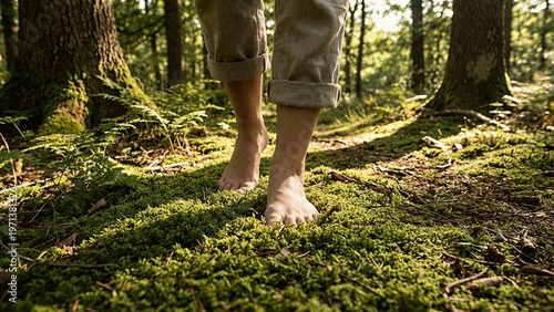 Bare feet walking on soft green moss in a forest, grounding and earthing mental health concept