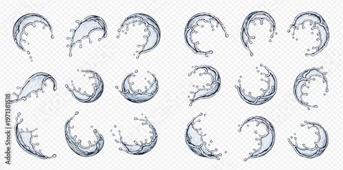 Set of water splash and drop elements, liquid motion, transparent background, dynamic aqua waves, refreshing beverage concept.