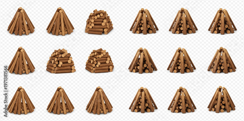 Collection of various firewood piles and log stacks ready for burning, isolated on a transparent background.