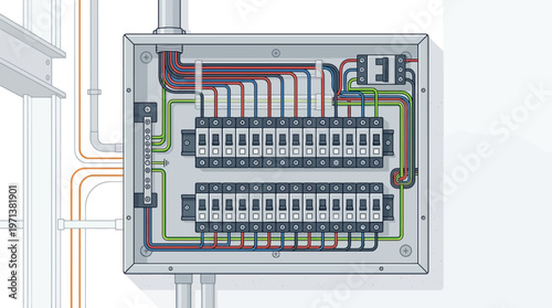 Flat Vector Illustration of an Electrical Circuit Breaker Panel with Organized Wiring for Power Distribution and Safety
