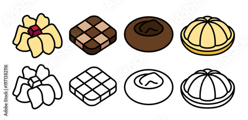 Kuih raya coloured and line art icons set