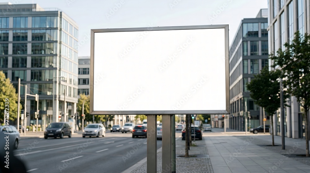 Fototapeta premium A large blank billboard stands on a city street with cars driving by