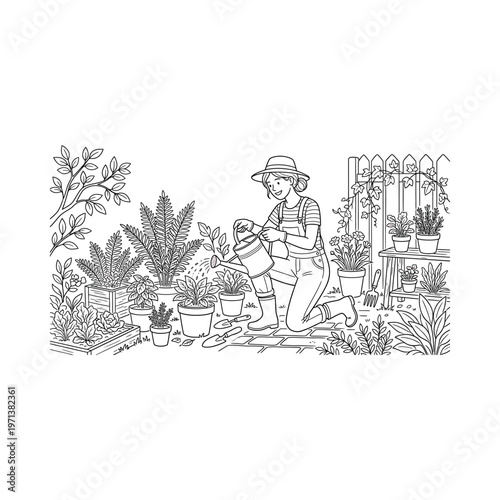 Woman wearing hat watering potted plants.