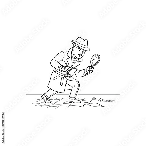 Man in trench coat examining clues.