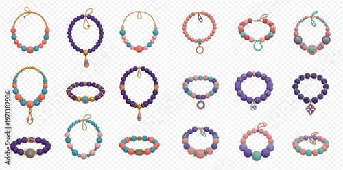 Set of colorful beaded bracelets and necklaces, fashion accessories with various designs and colors.