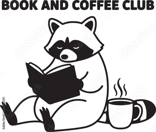 raccoon reading book with coffee cup