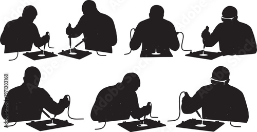 Black Solid Circuit Assembler Soldering Iron Role Silhouettes Set of Six on White Background