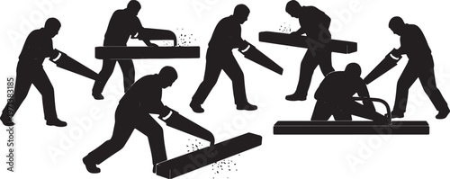 Black Solid Cabinet Maker Hand Saw Role Silhouettes Set of Six on White Background