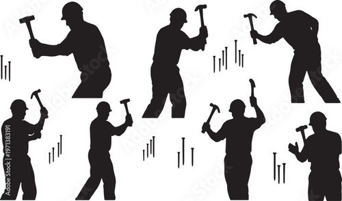 Black Solid Carpentry Claw Hammer Role Silhouettes Set of Six on White Background