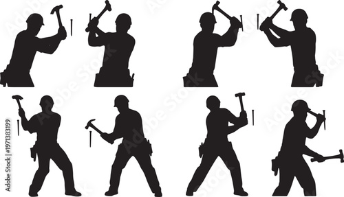 Black Solid Carpentry Claw Hammer Role Silhouettes Set of Six on White Background