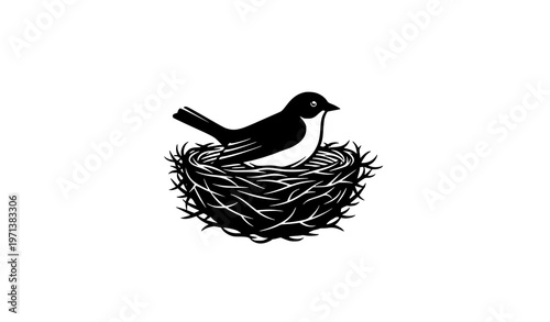 Bird in nest silhouette vector with clean black shape isolated for nature and wildlife design