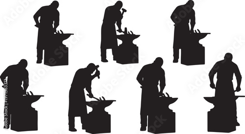 Black Solid Classic Blacksmith Heavy Anvil Role Silhouettes Set of Six on White Background