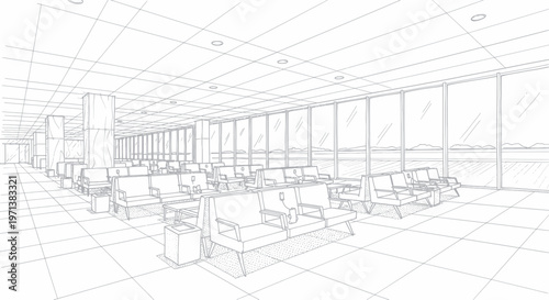 Architectural blueprint of a modern airport lounge with seating and large windows.
