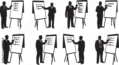 Black Solid Corporate Trainers Writing Flipchart Silhouettes Set of Six on White Background