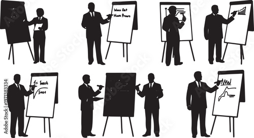 Black Solid Corporate Trainers Writing Flipchart Silhouettes Set of Six on White Background