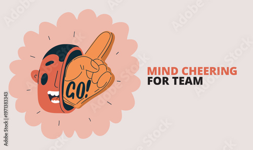Cartoon vector illustration of man with foam fan hand labeled “GO” on his head, symbolizing enthusiasm, support, and playful spirit