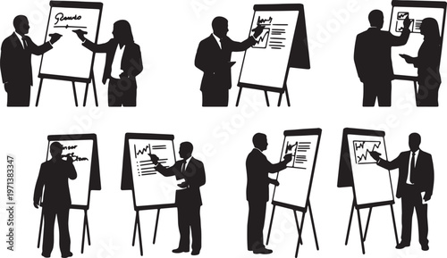 Black Solid Corporate Trainers Writing Flipchart Silhouettes Set of Six on White Background