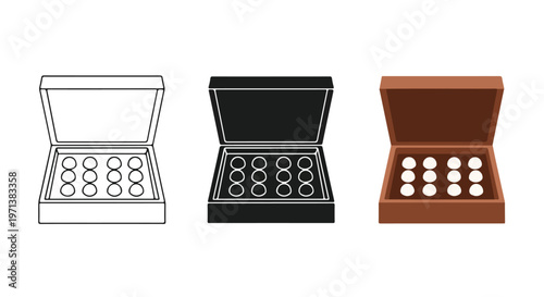 Assortment of chocolates in elegant gift boxes, presented in line art, black and white, and full color illustrations