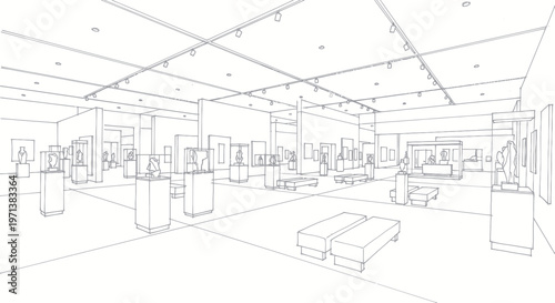 Architectural blueprint of a modern art gallery interior design.