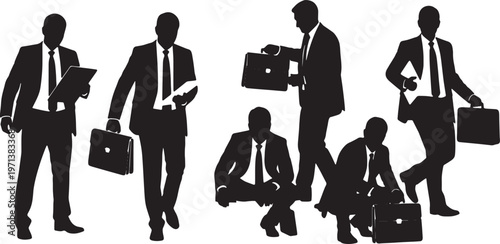 Black Solid Corporate Workers Packing Briefcase Silhouettes Set of Six on White Background