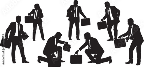 Black Solid Corporate Workers Packing Briefcase Silhouettes Set of Six on White Background