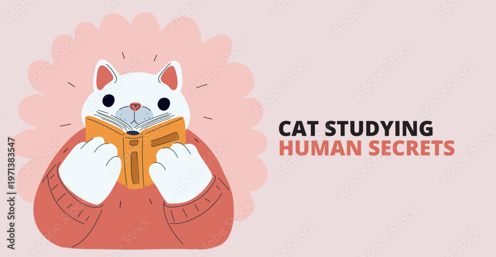 Obraz premium Cartoon vector illustration of giant cat reading a book, symbolizing knowledge, curiosity, and imagination