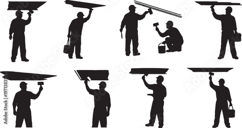 Black Solid Detail Painter Angled Brush Role Silhouettes Set of Six on White Background