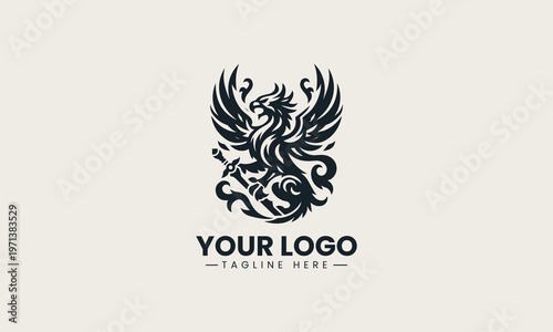 Black griffin with wings and sword is presented as strong mythological monochrome vector logo on clean white background for fantasy and gaming branding use