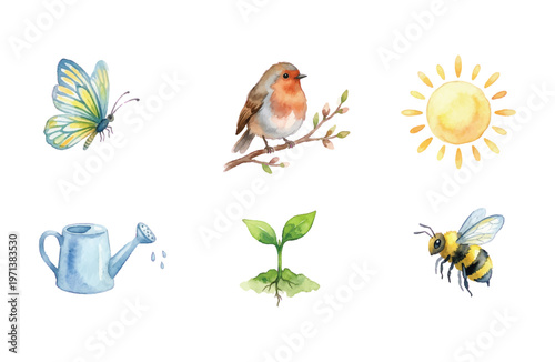 Watercolor Spring Icons Set with Bird Butterfly Bee Sun Watering Can and Sprout Isolated on White Background