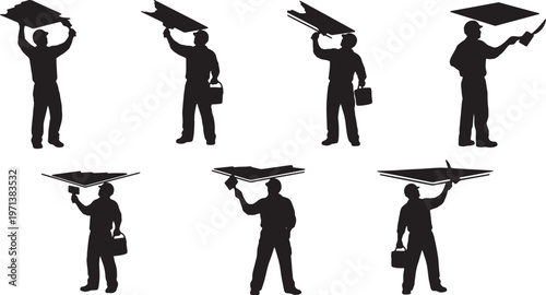 Black Solid Detail Painter Angled Brush Role Silhouettes Set of Six on White Background