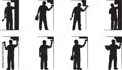 Black Solid Detail Painter Angled Brush Role Silhouettes Set of Six on White Background